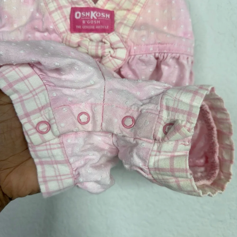 OshKosh B'Gosh Overall Shorts Girls 18M Pink Plaid Boucle VTG Made in USA Romper